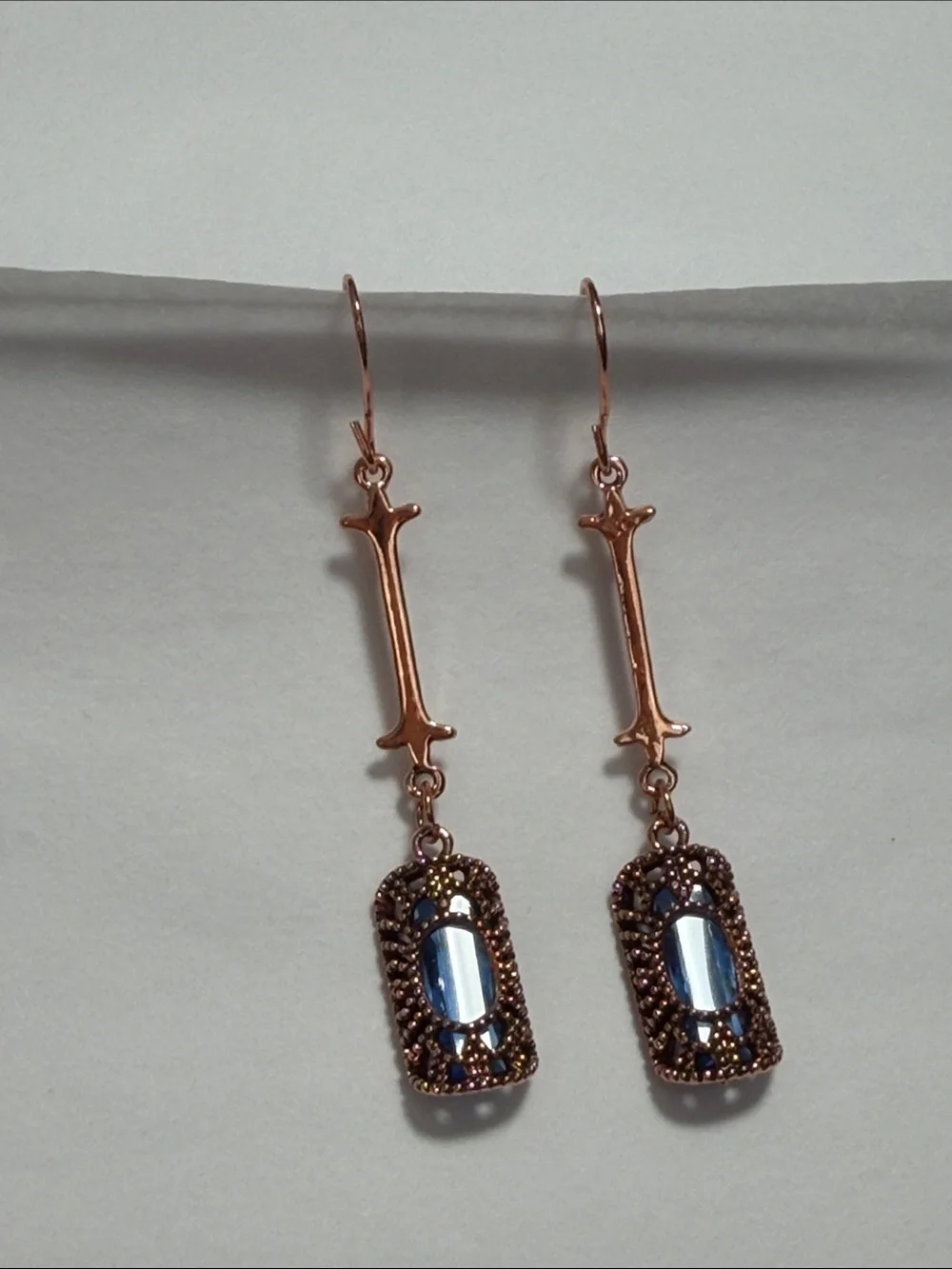 Blue Crystal Drop Earrings in Rose Gold Tone